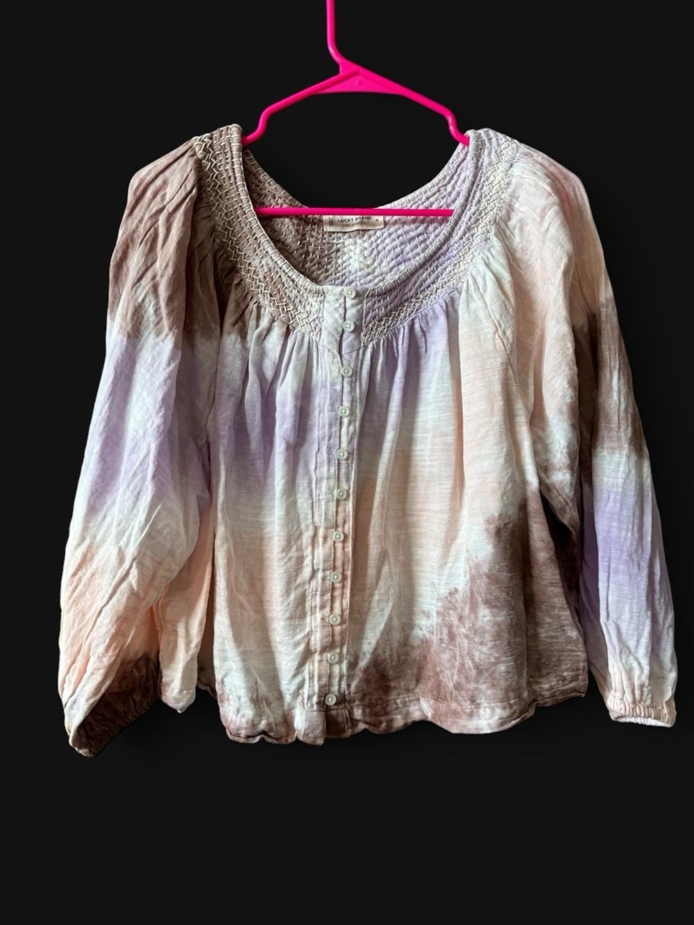 Boho Tie-Dye Peasant Blouse — Lavender & Cream